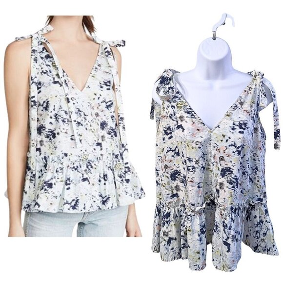 JASON WU 100% Cotton Blurred Magnolia Sleeveless Peplum Tie Blouse Size 0 - Picture 1 of 8